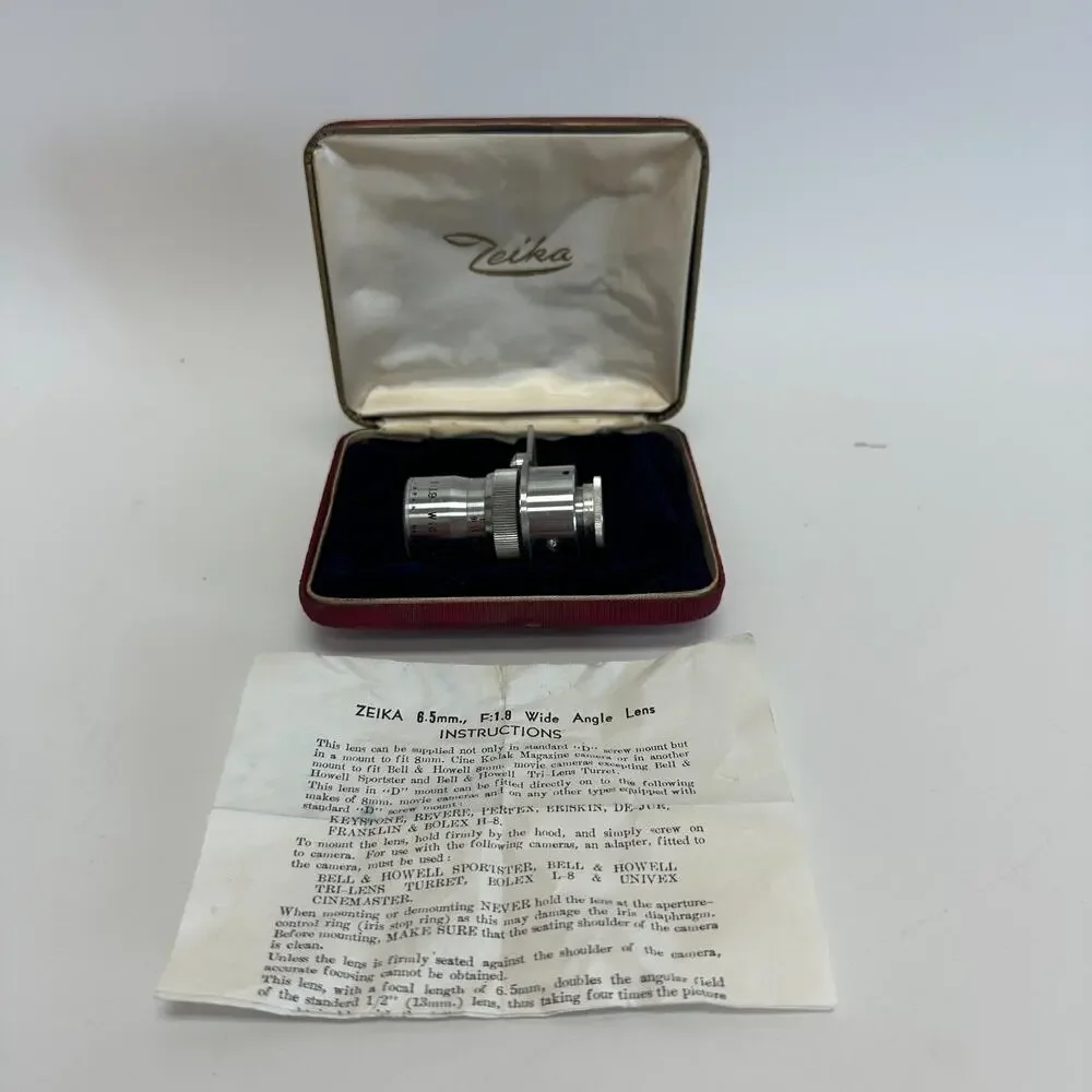 Rare VTG Zeika Cine Lens Japan 6.5 mm F: 1.9 Wide Angle Lens w Case Instructions
